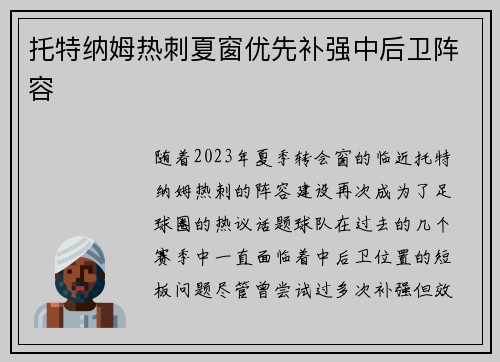 托特纳姆热刺夏窗优先补强中后卫阵容