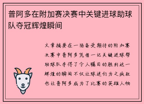 普阿多在附加赛决赛中关键进球助球队夺冠辉煌瞬间