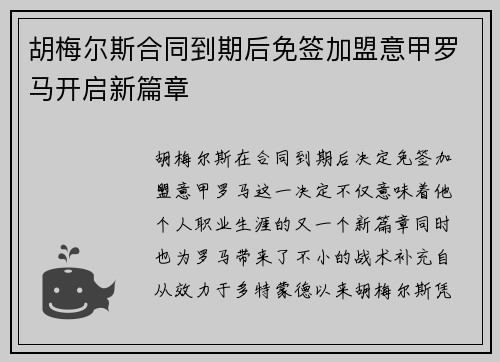 胡梅尔斯合同到期后免签加盟意甲罗马开启新篇章